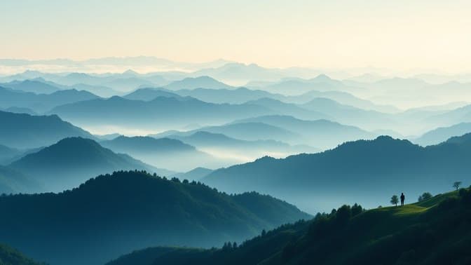 Layered mountain ridgelines fading into mist